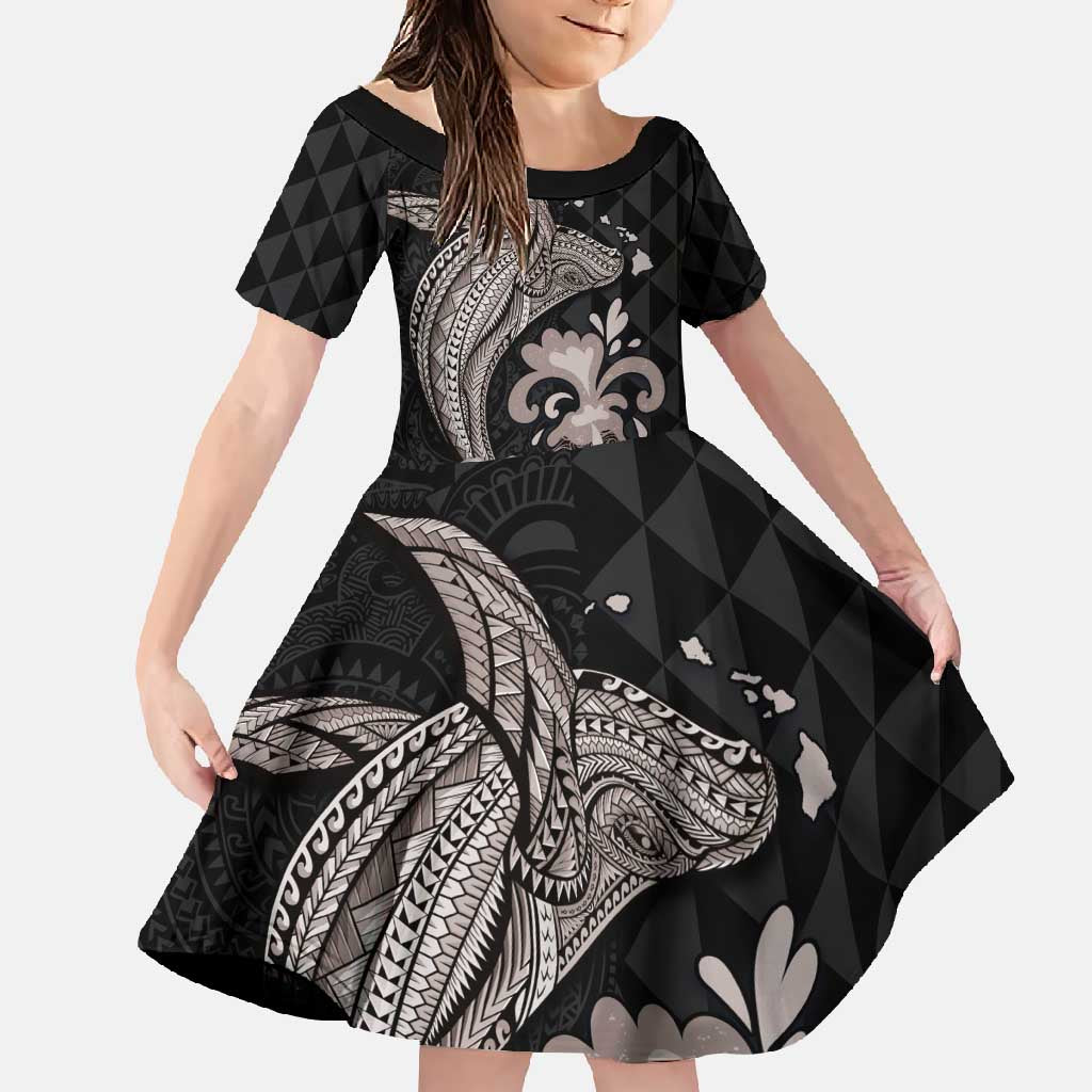 Hawaiian Whale and Volcanic Eruption Family Matching Off Shoulder Maxi Dress and Hawaiian Shirt Hibiscus and Kakau Pattern Grayscale Color LT03 Daughter's Dress Black - Polynesian Pride