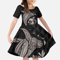 Hawaiian Whale and Volcanic Eruption Family Matching Off Shoulder Maxi Dress and Hawaiian Shirt Hibiscus and Kakau Pattern Grayscale Color LT03 Daughter's Dress Black - Polynesian Pride
