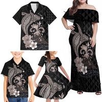 Hawaiian Whale and Volcanic Eruption Family Matching Off Shoulder Maxi Dress and Hawaiian Shirt Hibiscus and Kakau Pattern Grayscale Color LT03 - Polynesian Pride
