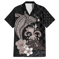 Hawaiian Whale and Volcanic Eruption Family Matching Off Shoulder Maxi Dress and Hawaiian Shirt Hibiscus and Kakau Pattern Grayscale Color LT03 Dad's Shirt - Short Sleeve Black - Polynesian Pride