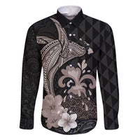Hawaiian Whale and Volcanic Eruption Family Matching Off Shoulder Maxi Dress and Hawaiian Shirt Hibiscus and Kakau Pattern Grayscale Color LT03 Dad's Shirt - Long Sleeve Black - Polynesian Pride