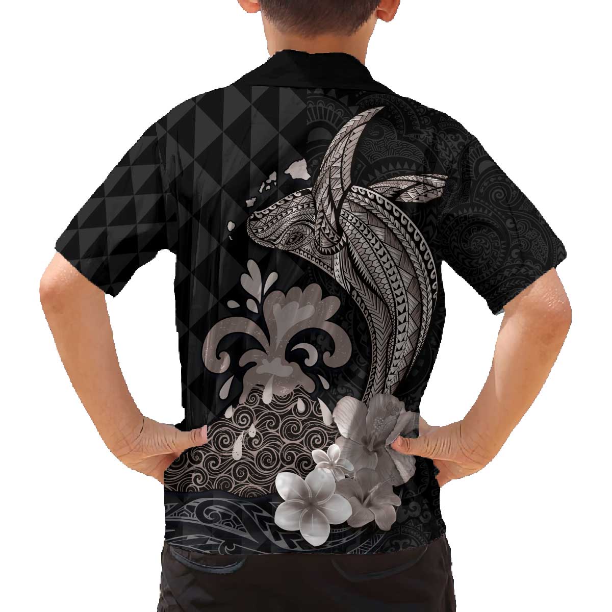 Hawaiian Whale and Volcanic Eruption Family Matching Puletasi and Hawaiian Shirt Hibiscus and Kakau Pattern Grayscale Color LT03 - Polynesian Pride