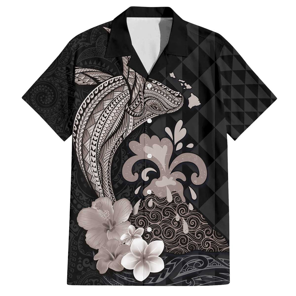Hawaiian Whale and Volcanic Eruption Family Matching Puletasi and Hawaiian Shirt Hibiscus and Kakau Pattern Grayscale Color LT03 Dad's Shirt - Short Sleeve Black - Polynesian Pride