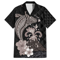 Hawaiian Whale and Volcanic Eruption Family Matching Puletasi and Hawaiian Shirt Hibiscus and Kakau Pattern Grayscale Color LT03 Dad's Shirt - Short Sleeve Black - Polynesian Pride