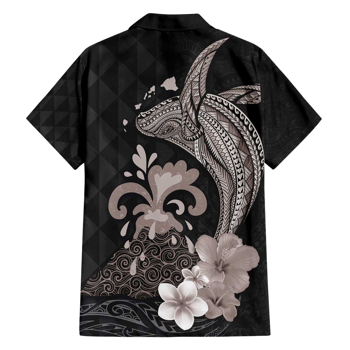 Hawaiian Whale and Volcanic Eruption Family Matching Puletasi and Hawaiian Shirt Hibiscus and Kakau Pattern Grayscale Color LT03 - Polynesian Pride