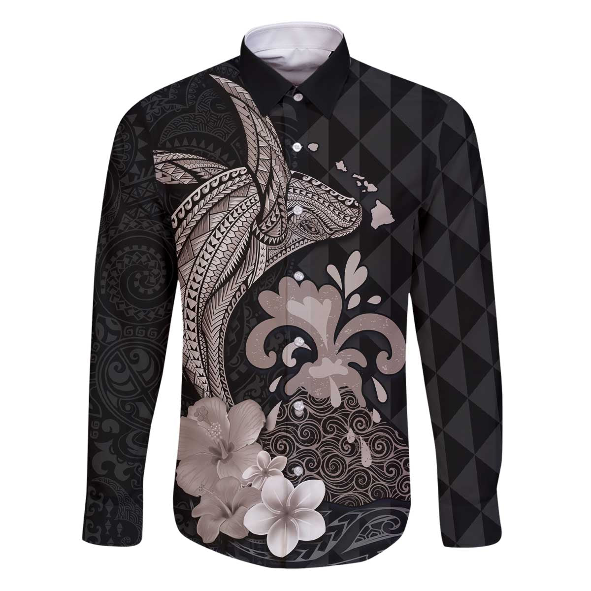 Hawaiian Whale and Volcanic Eruption Family Matching Puletasi and Hawaiian Shirt Hibiscus and Kakau Pattern Grayscale Color LT03 Dad's Shirt - Long Sleeve Black - Polynesian Pride