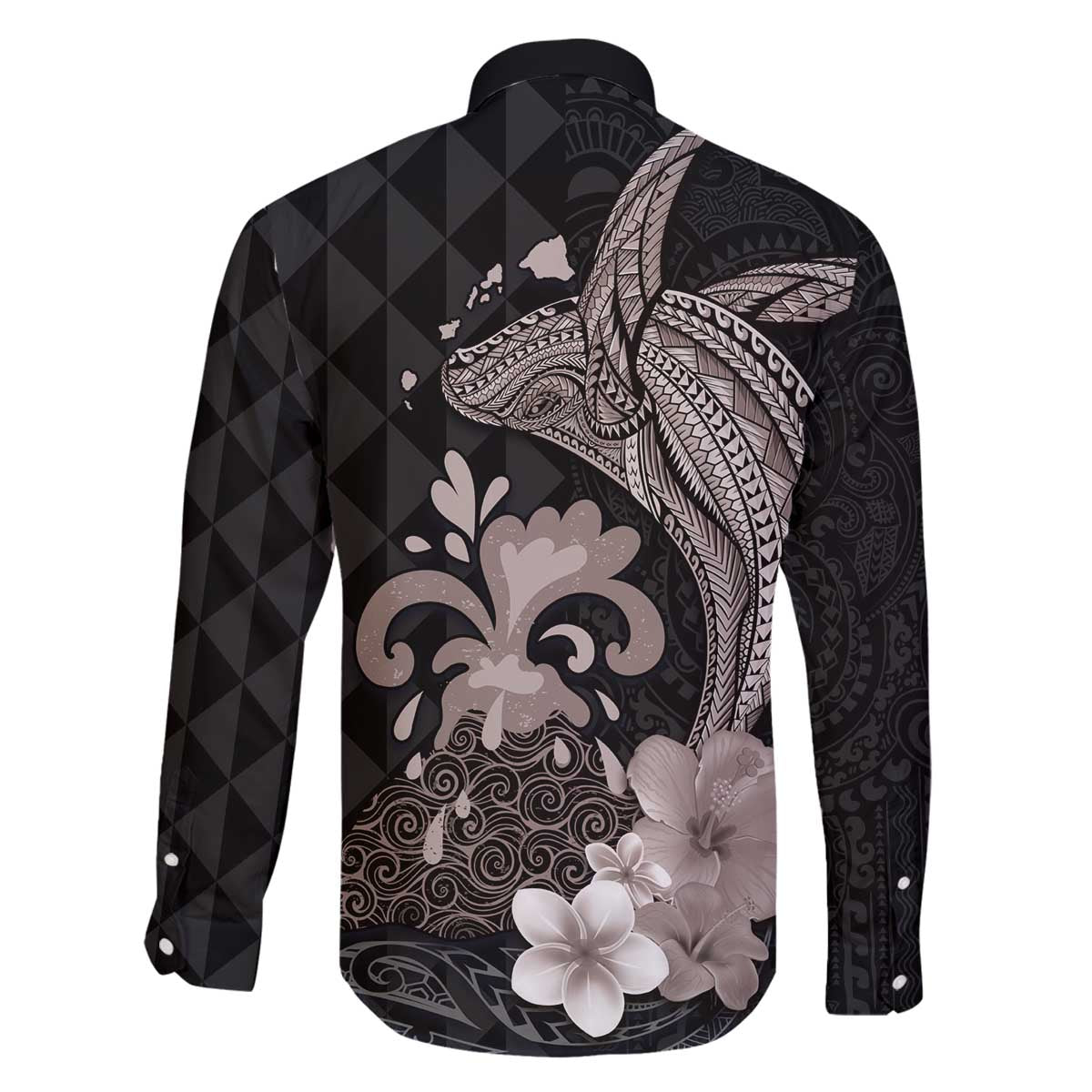 Hawaiian Whale and Volcanic Eruption Family Matching Puletasi and Hawaiian Shirt Hibiscus and Kakau Pattern Grayscale Color LT03 - Polynesian Pride