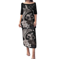 Hawaiian Whale and Volcanic Eruption Family Matching Puletasi and Hawaiian Shirt Hibiscus and Kakau Pattern Grayscale Color LT03 Mom's Dress Black - Polynesian Pride