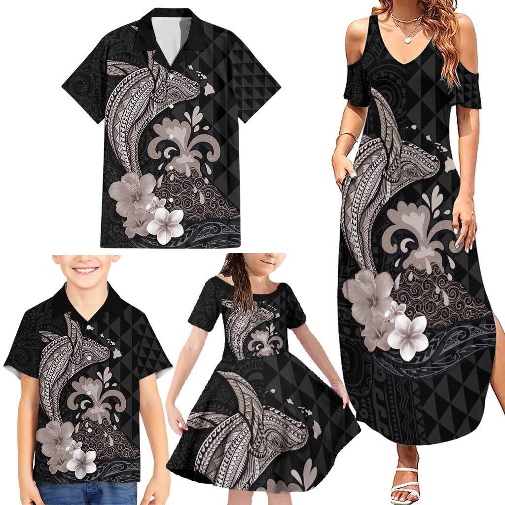 Hawaiian Whale and Volcanic Eruption Family Matching Summer Maxi Dress and Hawaiian Shirt Hibiscus and Kakau Pattern Grayscale Color