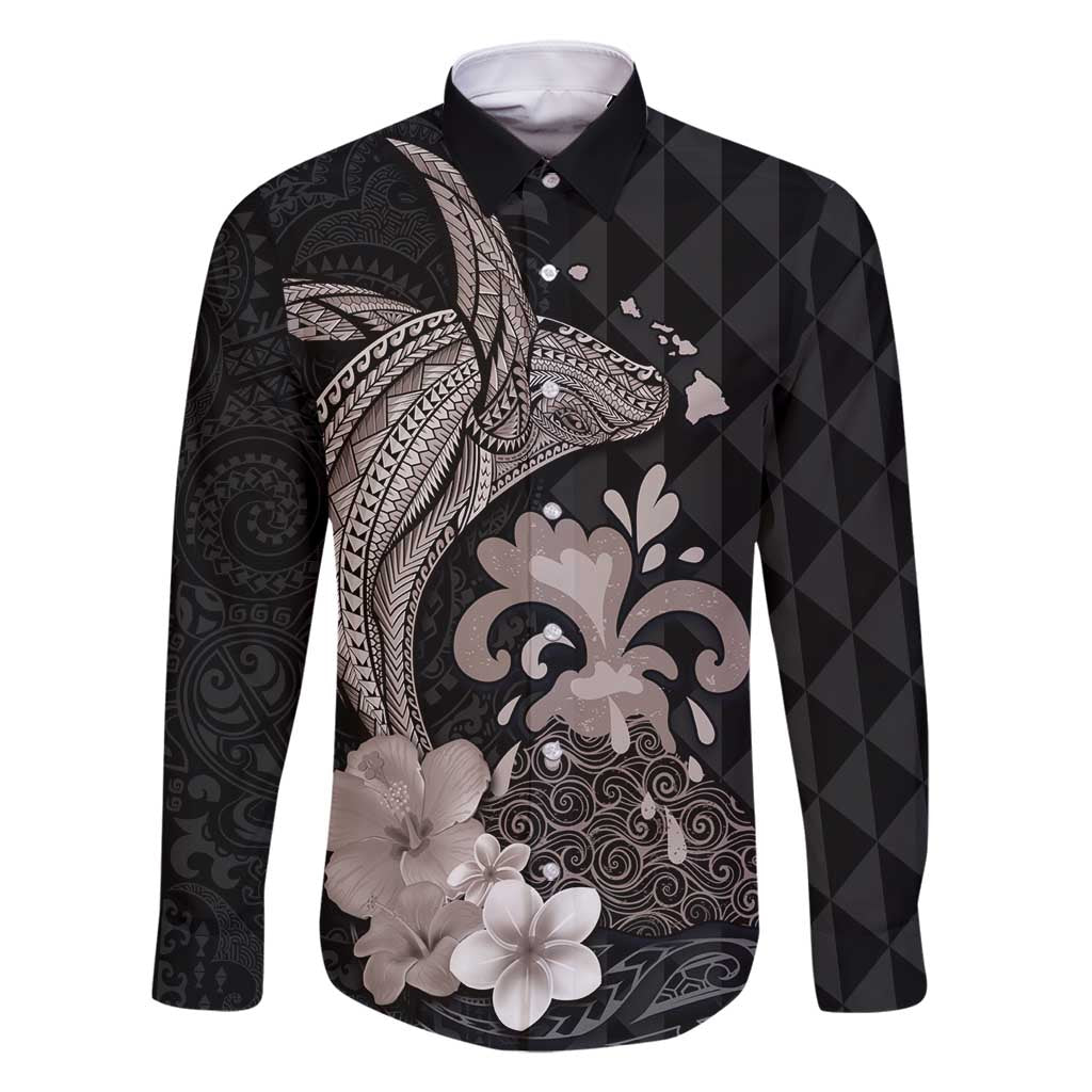 Hawaiian Whale and Volcanic Eruption Family Matching Tank Maxi Dress and Hawaiian Shirt Hibiscus and Kakau Pattern Grayscale Color