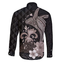 Hawaiian Whale and Volcanic Eruption Family Matching Tank Maxi Dress and Hawaiian Shirt Hibiscus and Kakau Pattern Grayscale Color