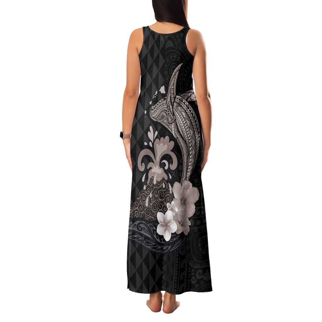Hawaiian Whale and Volcanic Eruption Family Matching Tank Maxi Dress and Hawaiian Shirt Hibiscus and Kakau Pattern Grayscale Color