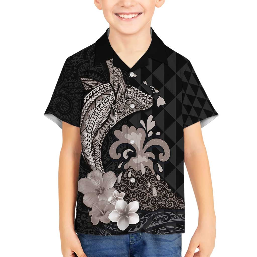 Hawaiian Whale and Volcanic Eruption Family Matching Tank Maxi Dress and Hawaiian Shirt Hibiscus and Kakau Pattern Grayscale Color