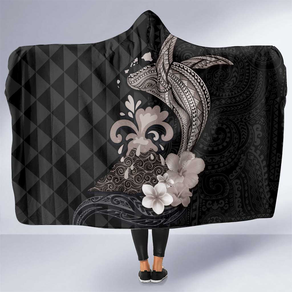 Hawaiian Whale and Volcanic Eruption Hooded Blanket Hibiscus and Kakau Pattern Grayscale Color