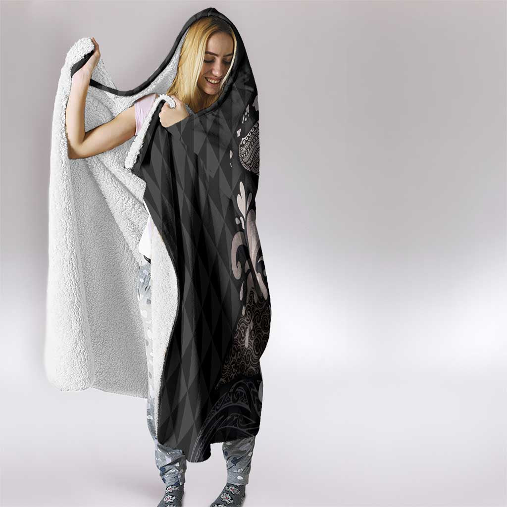 Hawaiian Whale and Volcanic Eruption Hooded Blanket Hibiscus and Kakau Pattern Grayscale Color