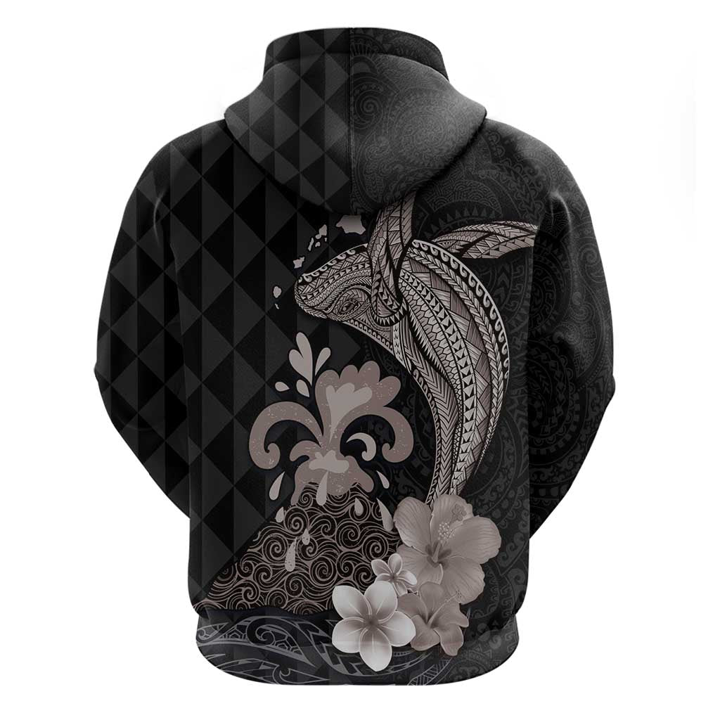 Hawaiian Whale and Volcanic Eruption Hoodie Hibiscus and Kakau Pattern Grayscale Color