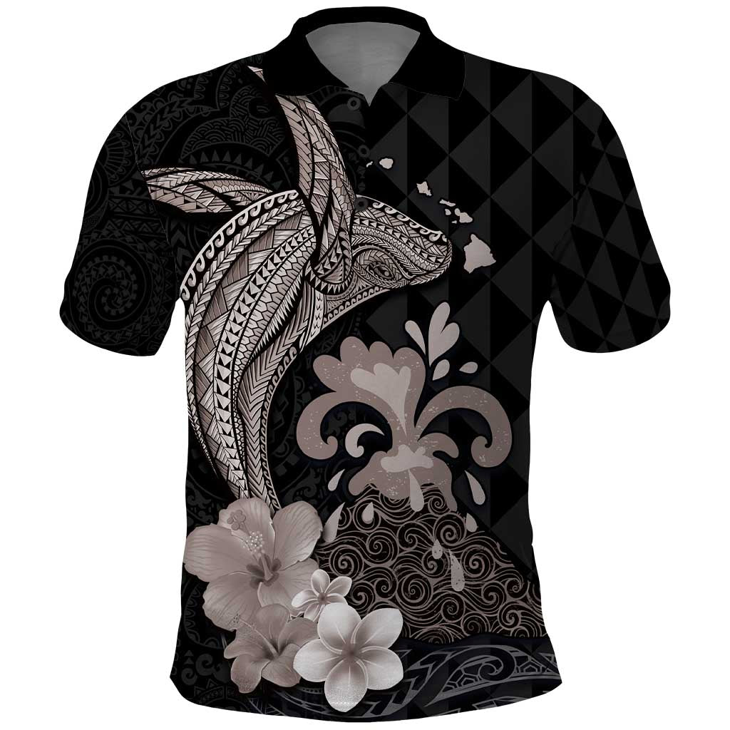 Hawaiian Whale and Volcanic Eruption Polo Shirt Hibiscus and Kakau Pattern Grayscale Color LT03 Black - Polynesian Pride