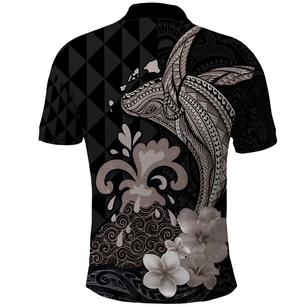 Hawaiian Whale and Volcanic Eruption Polo Shirt Hibiscus and Kakau Pattern Grayscale Color LT03 - Polynesian Pride