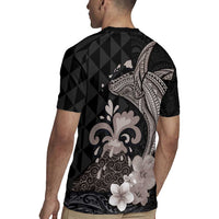 Hawaiian Whale and Volcanic Eruption Rugby Jersey Hibiscus and Kakau Pattern Grayscale Color
