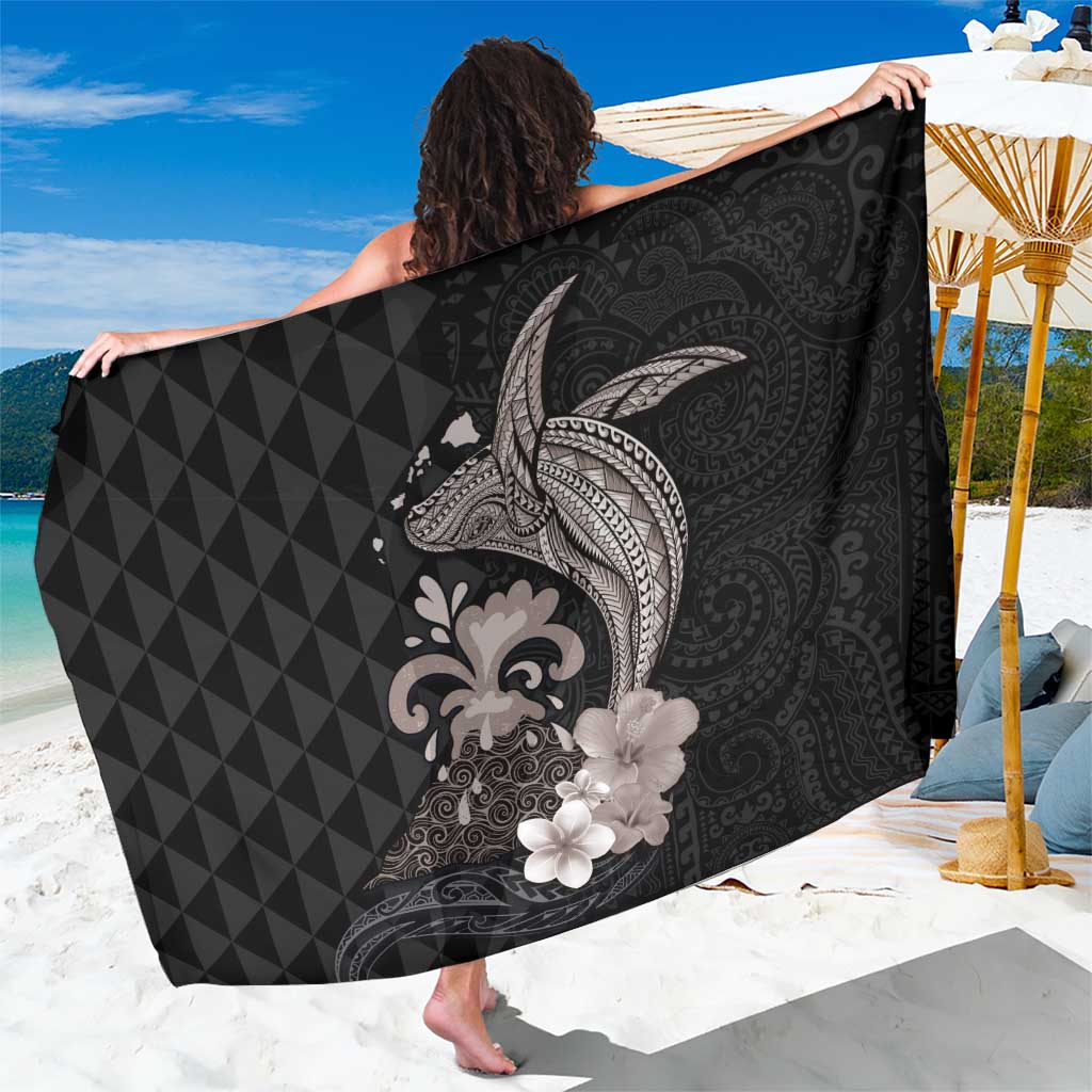 Hawaiian Whale and Volcanic Eruption Sarong Hibiscus and Kakau Pattern Grayscale Color