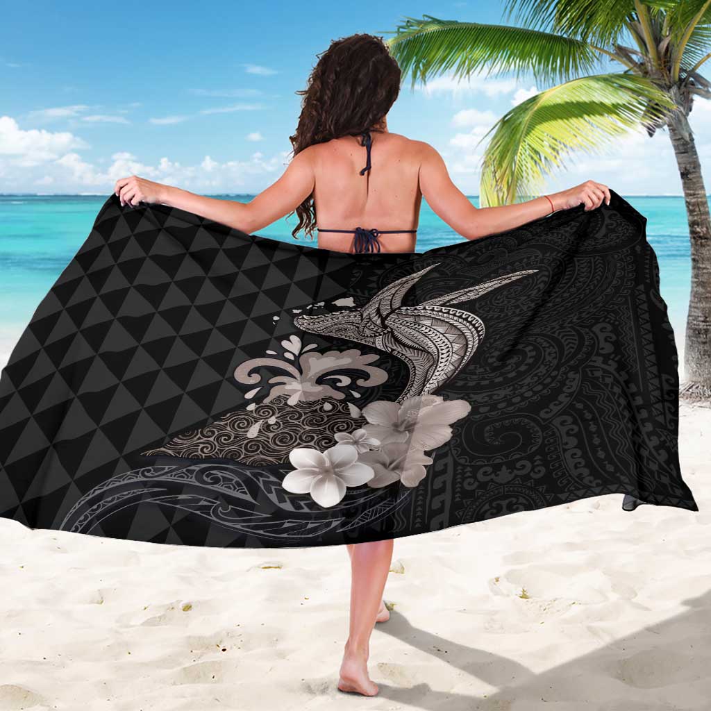 Hawaiian Whale and Volcanic Eruption Sarong Hibiscus and Kakau Pattern Grayscale Color