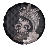 Hawaiian Whale and Volcanic Eruption Spare Tire Cover Hibiscus and Kakau Pattern Grayscale Color