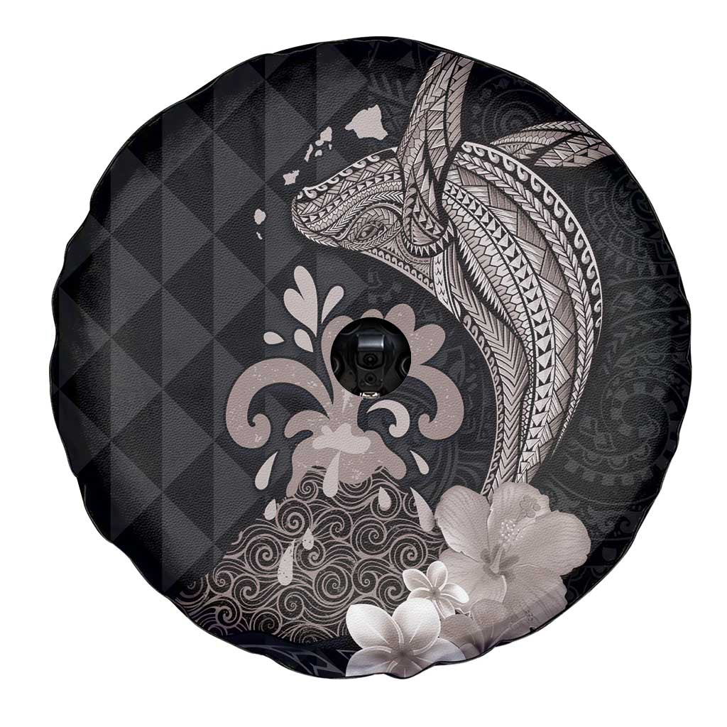 Hawaiian Whale and Volcanic Eruption Spare Tire Cover Hibiscus and Kakau Pattern Grayscale Color
