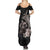 Hawaiian Whale and Volcanic Eruption Summer Maxi Dress Hibiscus and Kakau Pattern Grayscale Color