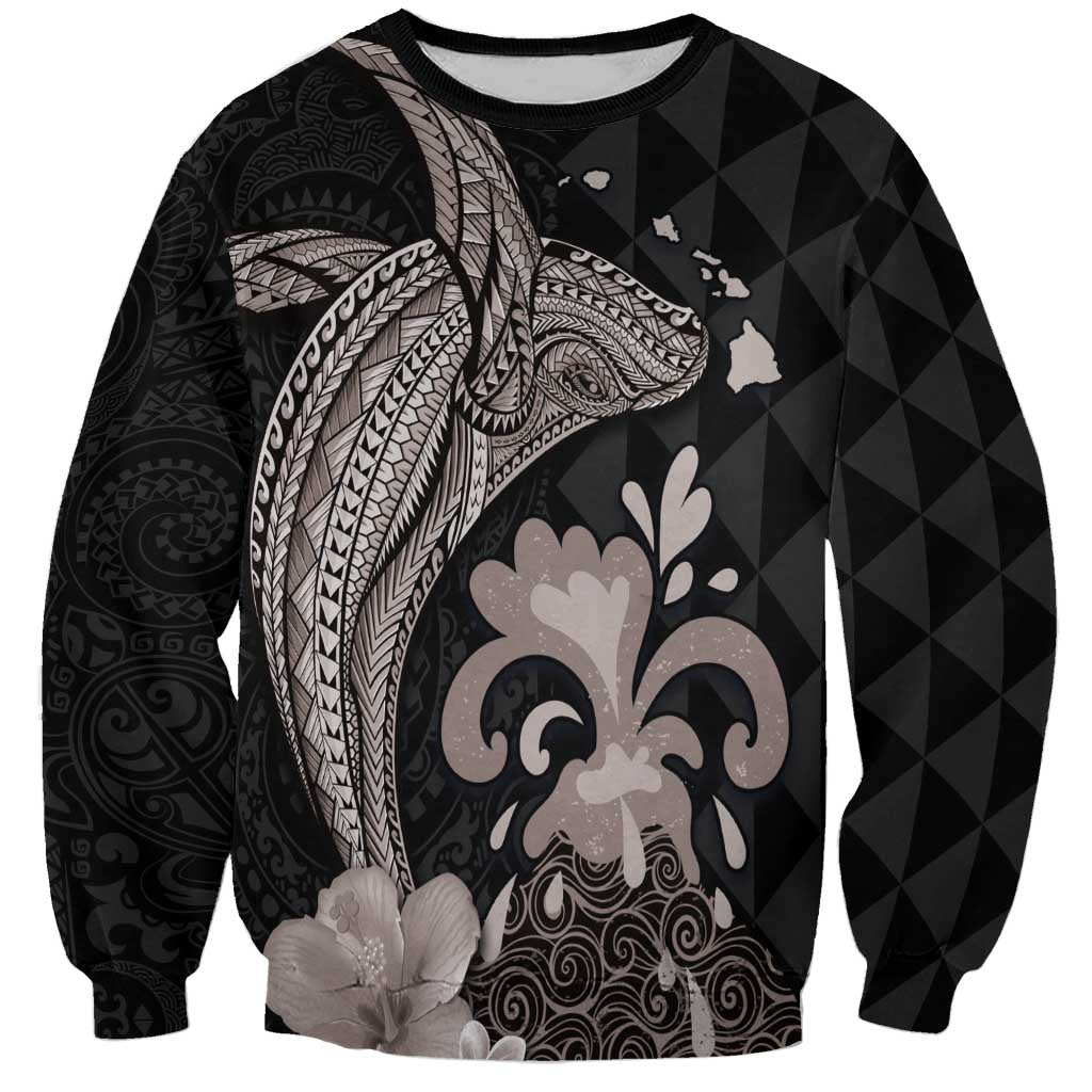 Hawaiian Whale and Volcanic Eruption Sweatshirt Hibiscus and Kakau Pattern Grayscale Color