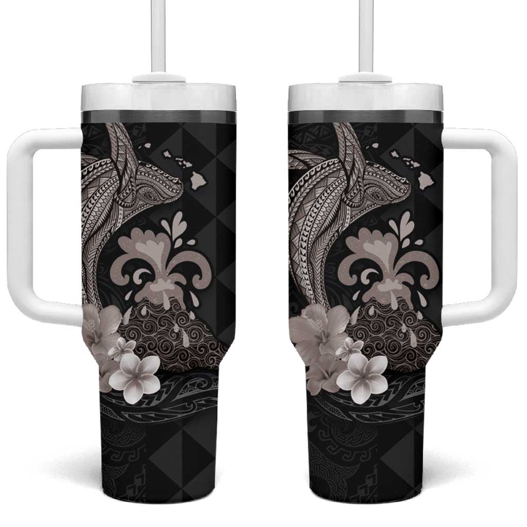 Hawaiian Whale and Volcanic Eruption Tumbler With Handle Hibiscus and Kakau Pattern Grayscale Color