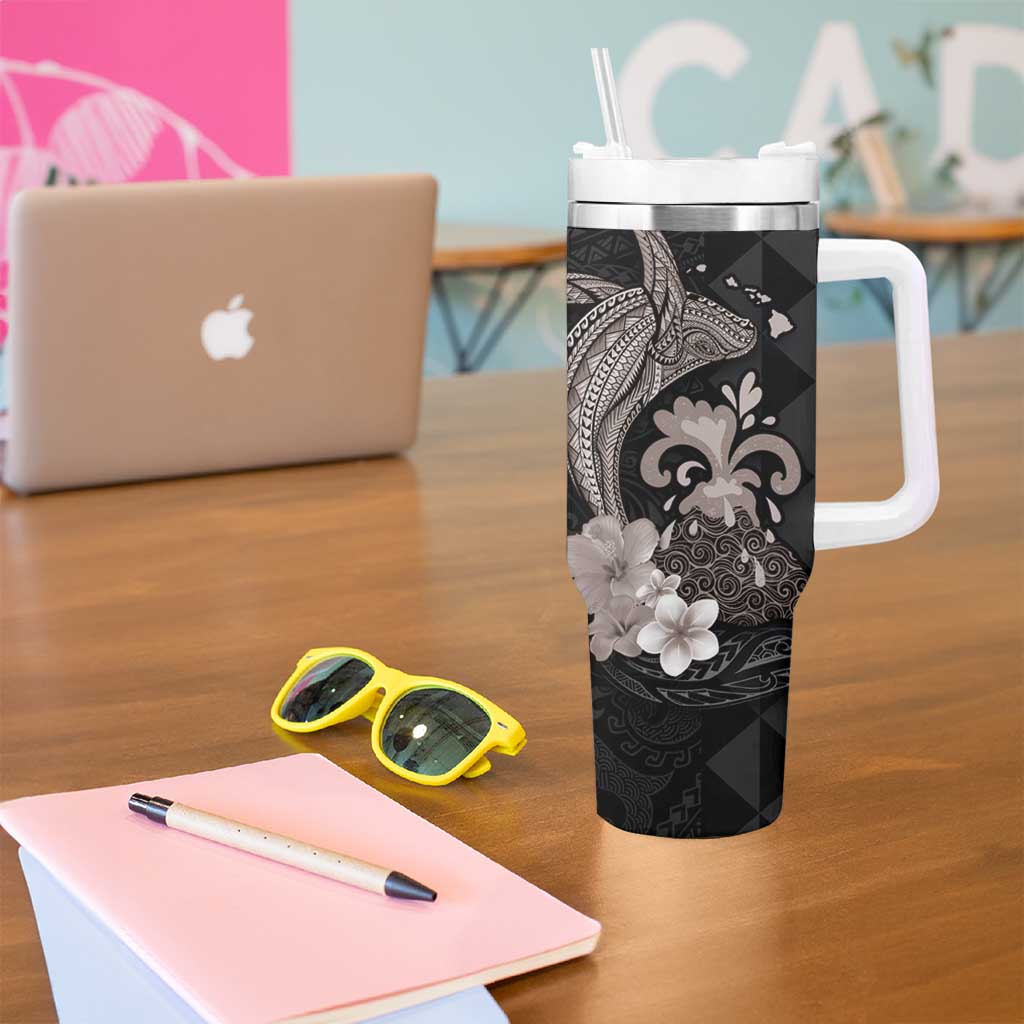Hawaiian Whale and Volcanic Eruption Tumbler With Handle Hibiscus and Kakau Pattern Grayscale Color