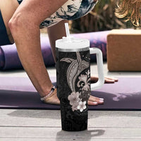 Hawaiian Whale and Volcanic Eruption Tumbler With Handle Hibiscus and Kakau Pattern Grayscale Color