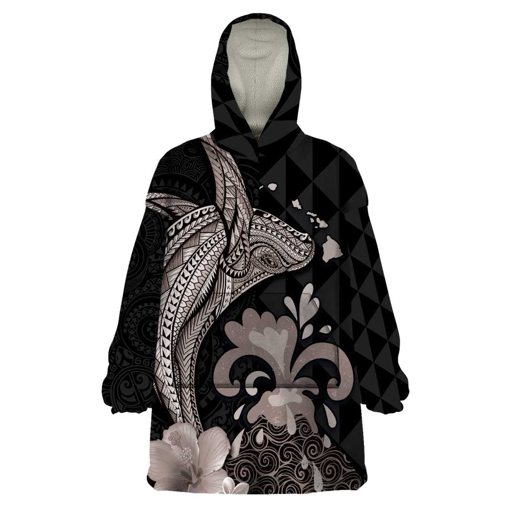 Hawaiian Whale and Volcanic Eruption Wearable Blanket Hoodie Hibiscus and Kakau Pattern Grayscale Color