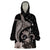 Hawaiian Whale and Volcanic Eruption Wearable Blanket Hoodie Hibiscus and Kakau Pattern Grayscale Color