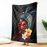 Hawaiian Whale and Volcanic Eruption Blanket Hibiscus and Kakau Pattern