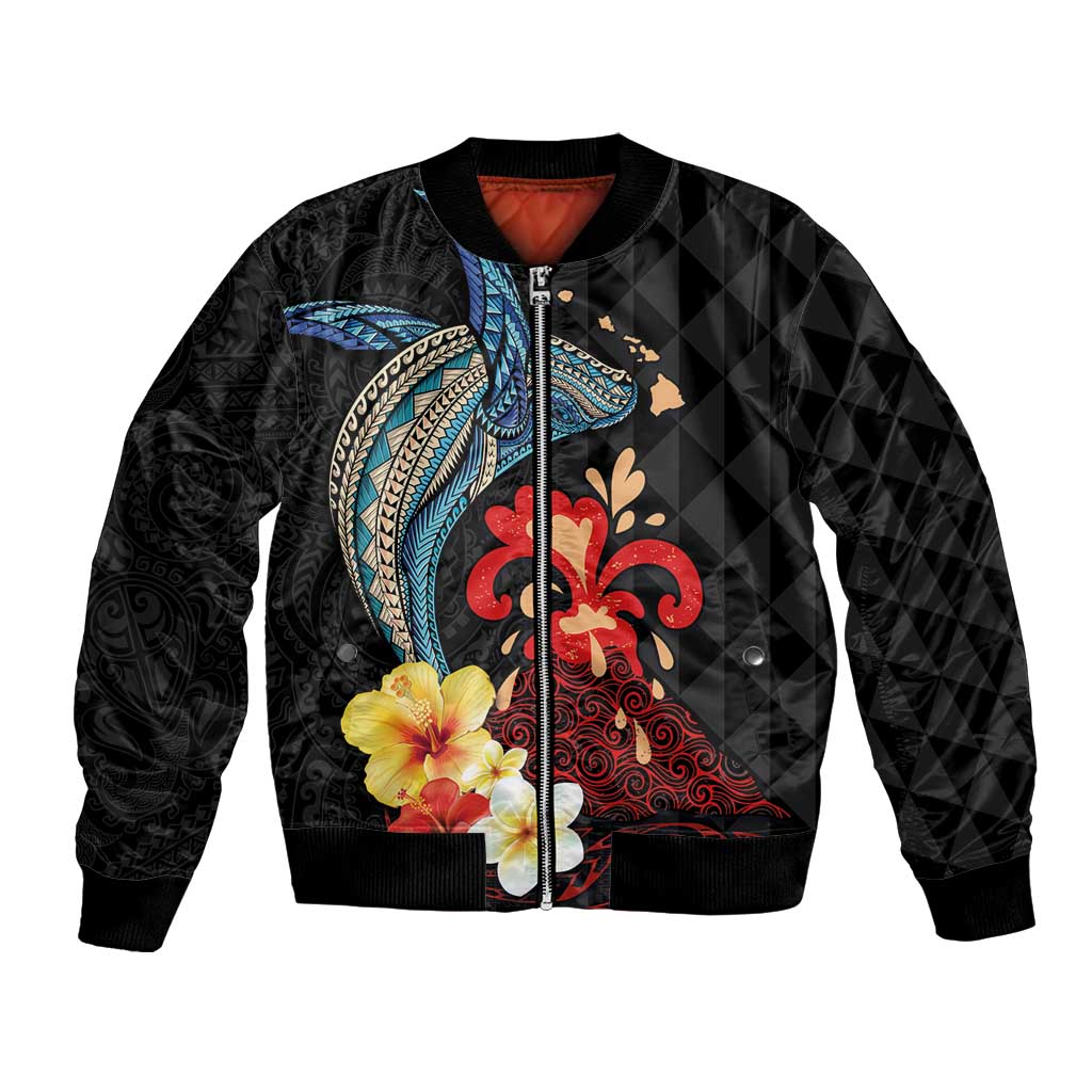 Hawaiian Whale and Volcanic Eruption Bomber Jacket Hibiscus and Kakau Pattern