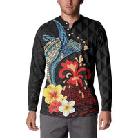 Hawaiian Whale and Volcanic Eruption Button Sweatshirt Hibiscus and Kakau Pattern