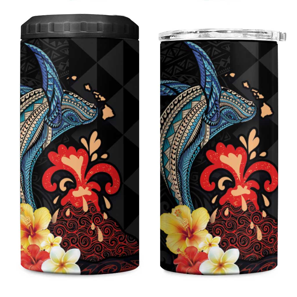 Hawaiian Whale and Volcanic Eruption 4 in 1 Can Cooler Tumbler Hibiscus and Kakau Pattern