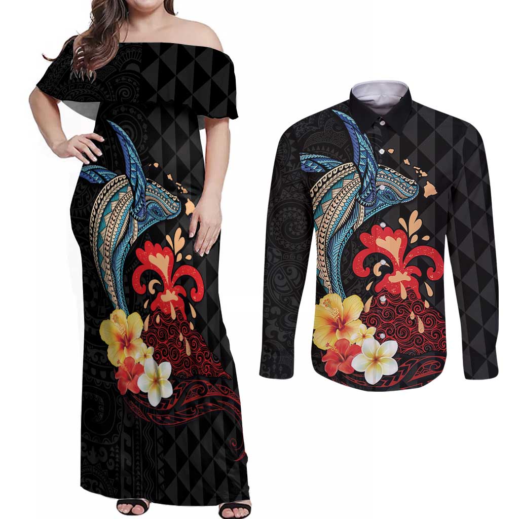 Hawaiian Whale and Volcanic Eruption Couples Matching Off Shoulder Maxi Dress and Long Sleeve Button Shirt Hibiscus and Kakau Pattern