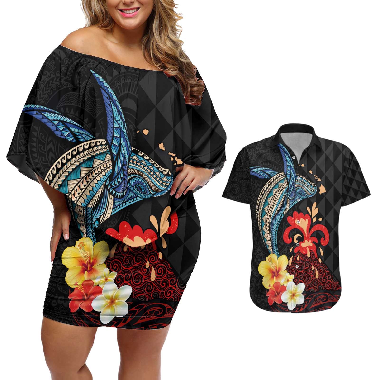 Hawaiian Whale and Volcanic Eruption Couples Matching Off Shoulder Short Dress and Hawaiian Shirt Hibiscus and Kakau Pattern