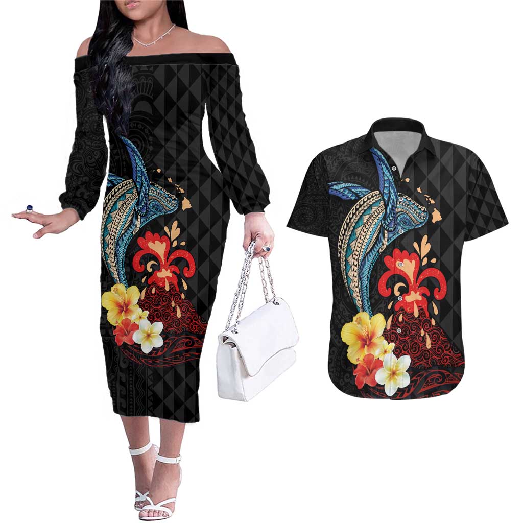 Hawaiian Whale and Volcanic Eruption Couples Matching Off The Shoulder Long Sleeve Dress and Hawaiian Shirt Hibiscus and Kakau Pattern