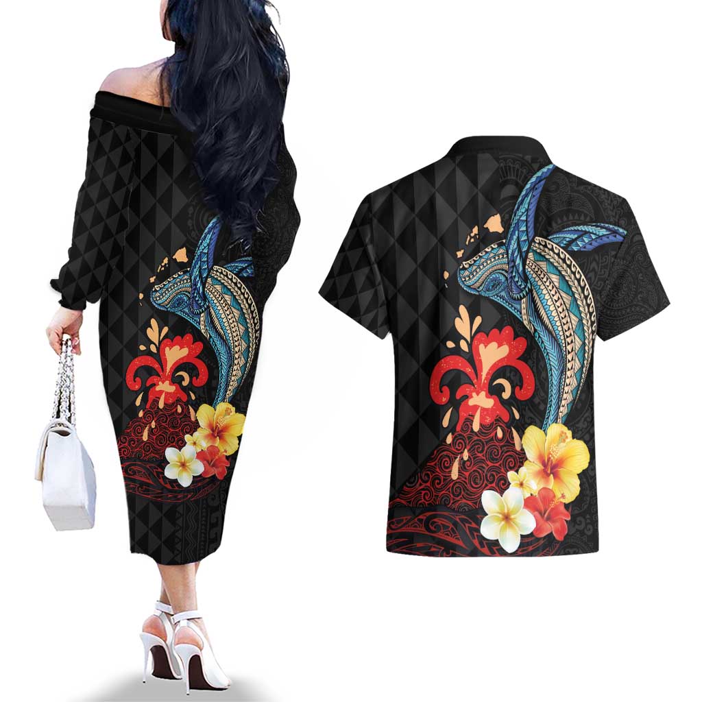Hawaiian Whale and Volcanic Eruption Couples Matching Off The Shoulder Long Sleeve Dress and Hawaiian Shirt Hibiscus and Kakau Pattern
