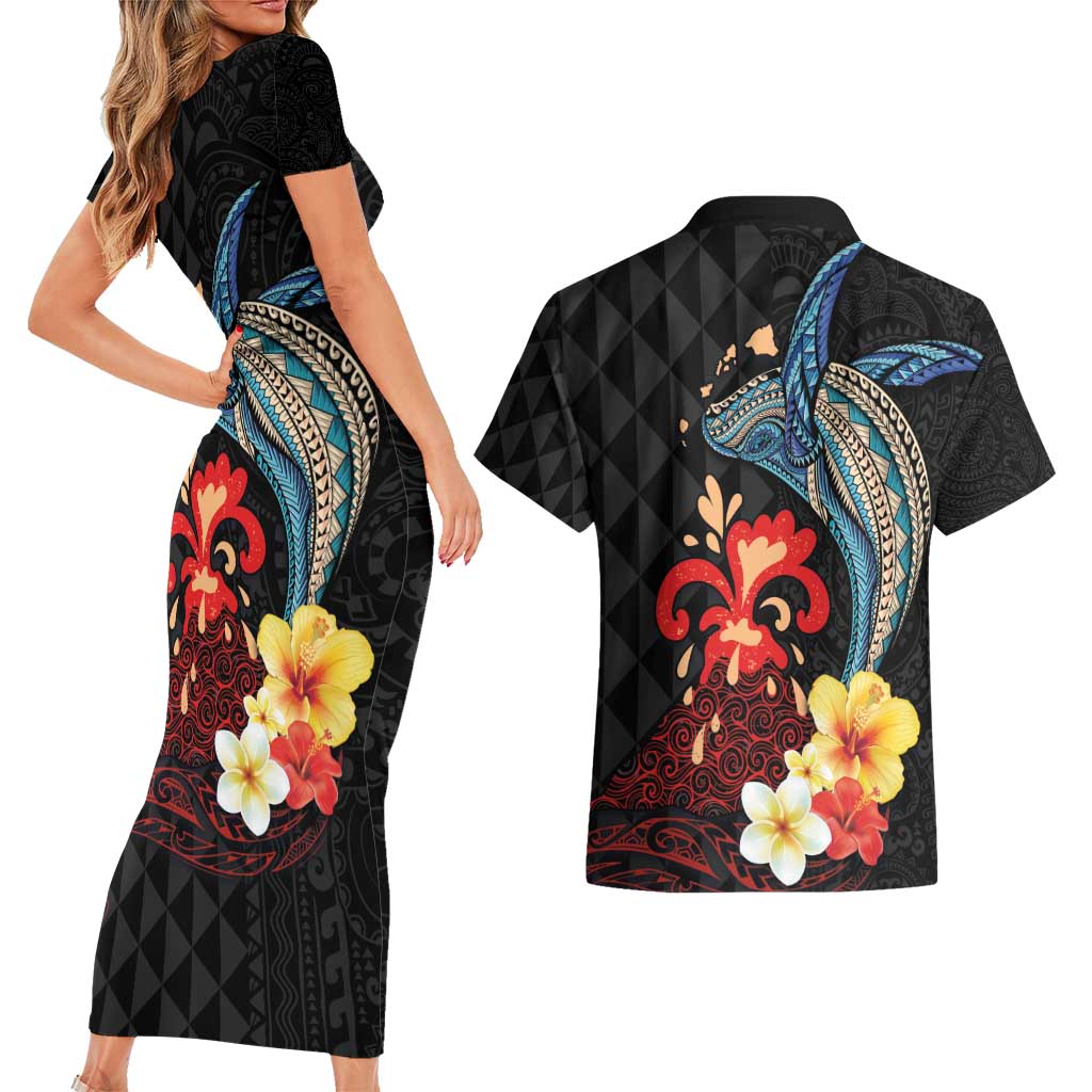 Hawaiian Whale and Volcanic Eruption Couples Matching Short Sleeve Bodycon Dress and Hawaiian Shirt Hibiscus and Kakau Pattern