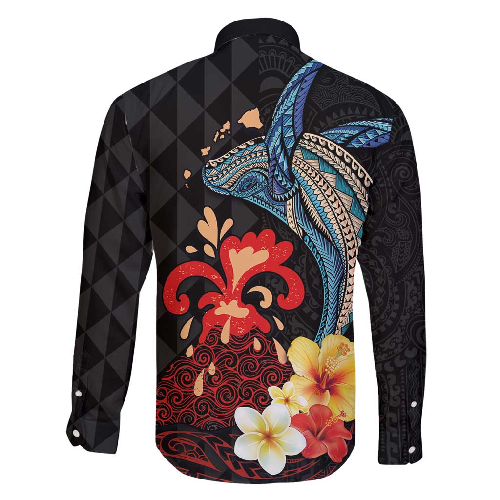 Hawaiian Whale and Volcanic Eruption Family Matching Off Shoulder Maxi Dress and Hawaiian Shirt Hibiscus and Kakau Pattern