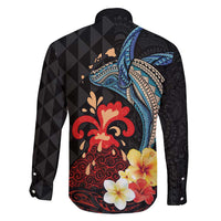 Hawaiian Whale and Volcanic Eruption Family Matching Off Shoulder Maxi Dress and Hawaiian Shirt Hibiscus and Kakau Pattern