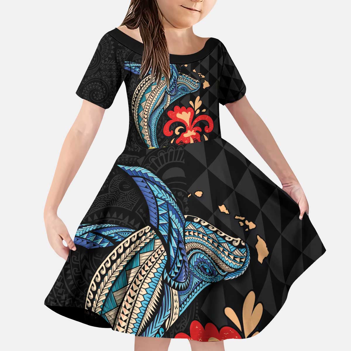 Hawaiian Whale and Volcanic Eruption Family Matching Puletasi and Hawaiian Shirt Hibiscus and Kakau Pattern LT03 Daughter's Dress Black - Polynesian Pride