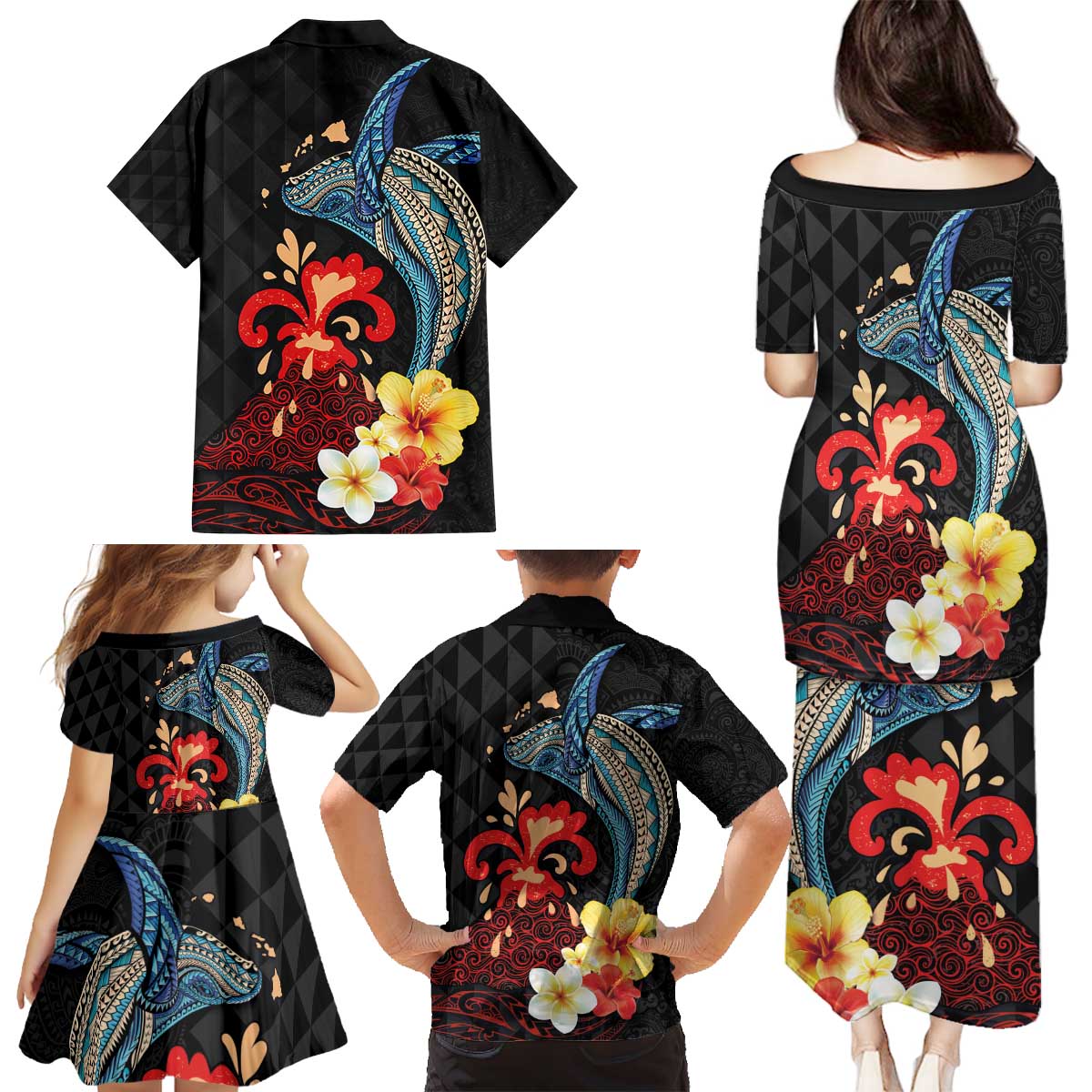 Hawaiian Whale and Volcanic Eruption Family Matching Puletasi and Hawaiian Shirt Hibiscus and Kakau Pattern LT03 - Polynesian Pride