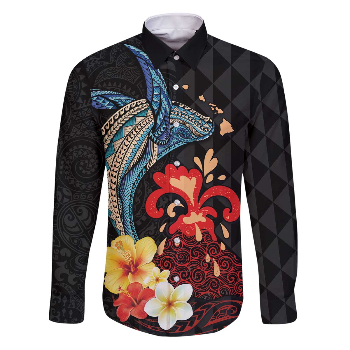 Hawaiian Whale and Volcanic Eruption Family Matching Puletasi and Hawaiian Shirt Hibiscus and Kakau Pattern LT03 Dad's Shirt - Long Sleeve Black - Polynesian Pride