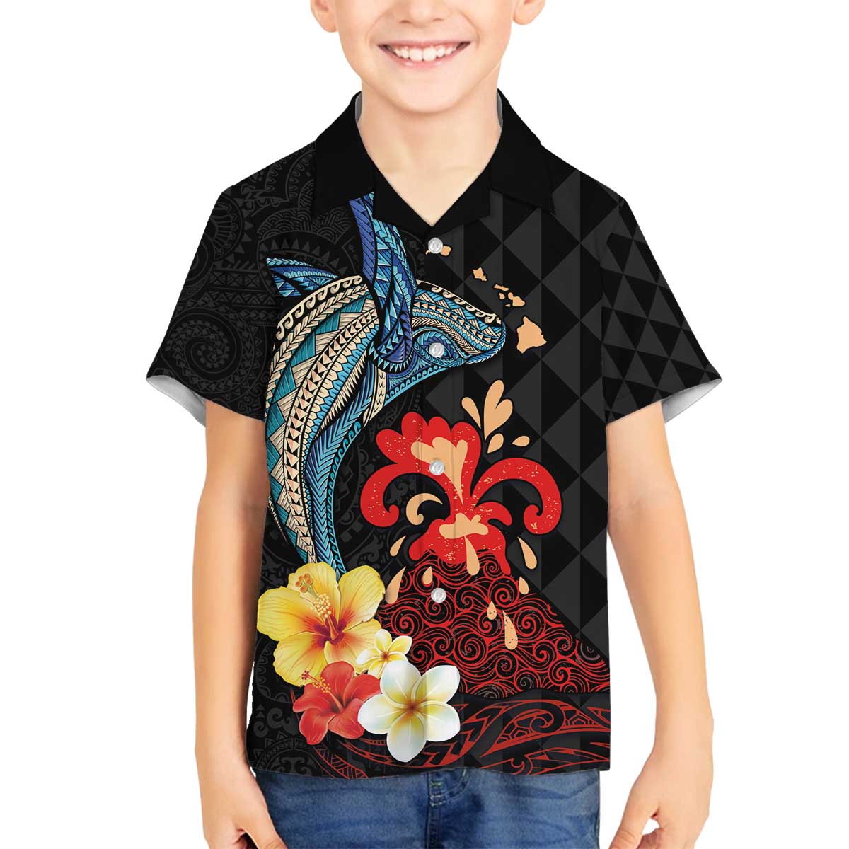 Hawaiian Whale and Volcanic Eruption Family Matching Puletasi and Hawaiian Shirt Hibiscus and Kakau Pattern LT03 Son's Shirt Black - Polynesian Pride
