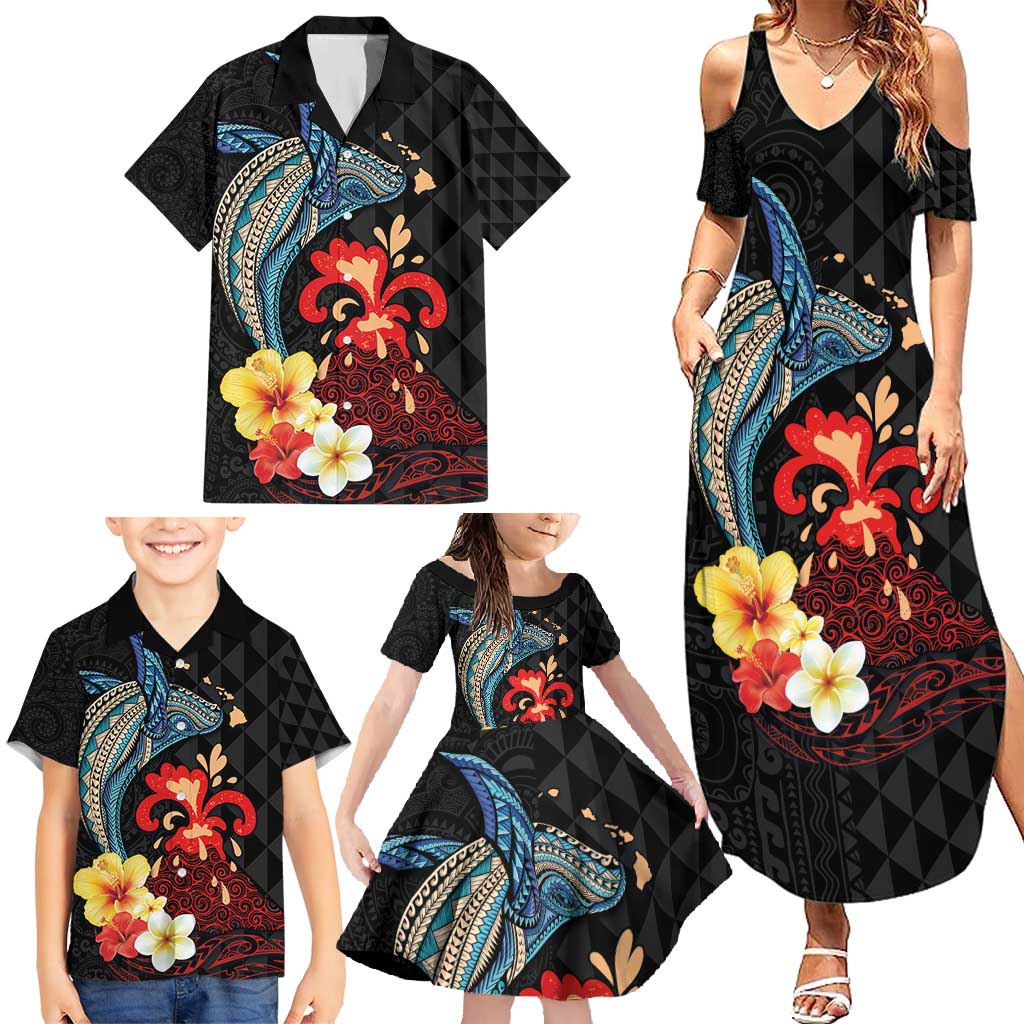 Hawaiian Whale and Volcanic Eruption Family Matching Summer Maxi Dress and Hawaiian Shirt Hibiscus and Kakau Pattern